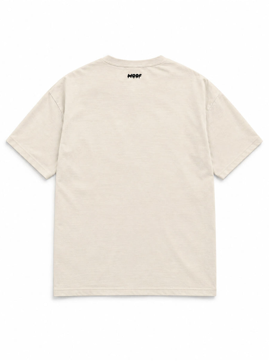 Back of the Cute Great Dane Halloween oversized T-shirt in Vintage White with small WOOF logo below the collar