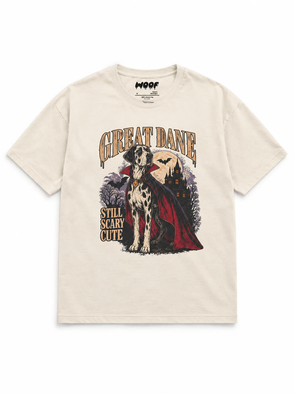 Cute Great Dane Halloween oversized T-shirt in Vintage White featuring a Harlequin Great Dane in a vampire cape, front view