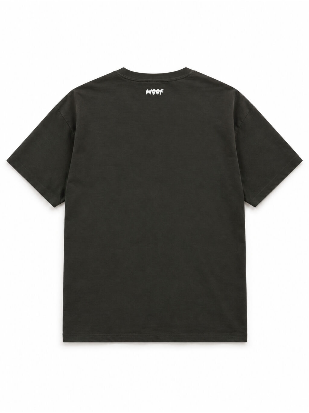 Back of the Cute Great Dane Halloween oversized T-shirt in Washed Black with small WOOF logo below the collar