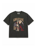 Cute Great Dane Halloween oversized T-shirt in Washed Black featuring a Harlequin Great Dane in a vampire cape, front view