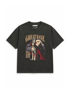 Cute Great Dane Halloween oversized T-shirt in Washed Black featuring a Harlequin Great Dane in a vampire cape, front view