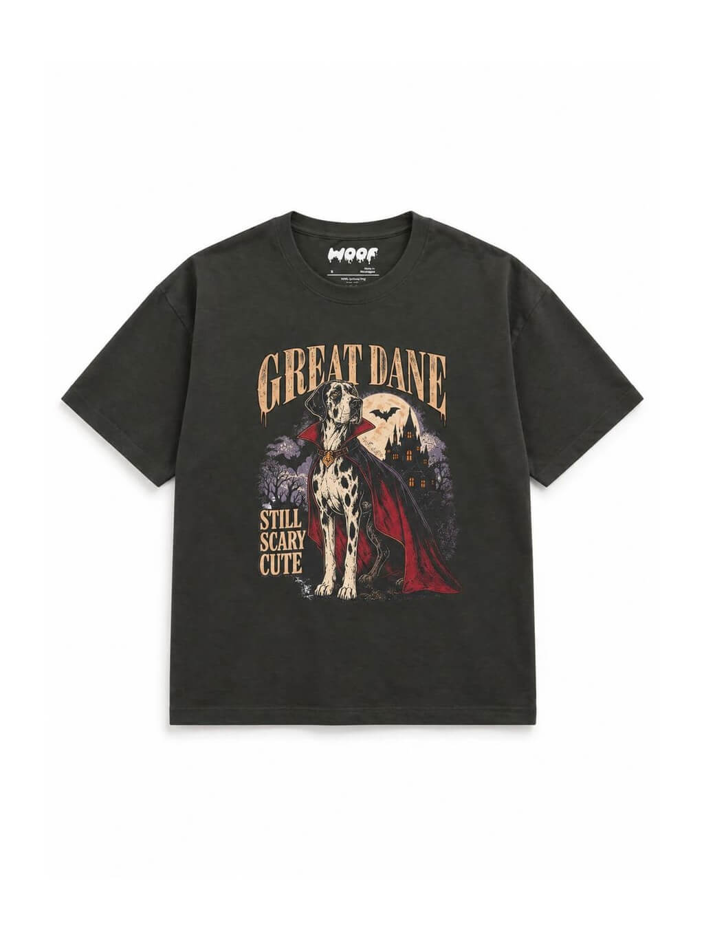 Cute Great Dane Halloween oversized T-shirt in Washed Black featuring a Harlequin Great Dane in a vampire cape, front view