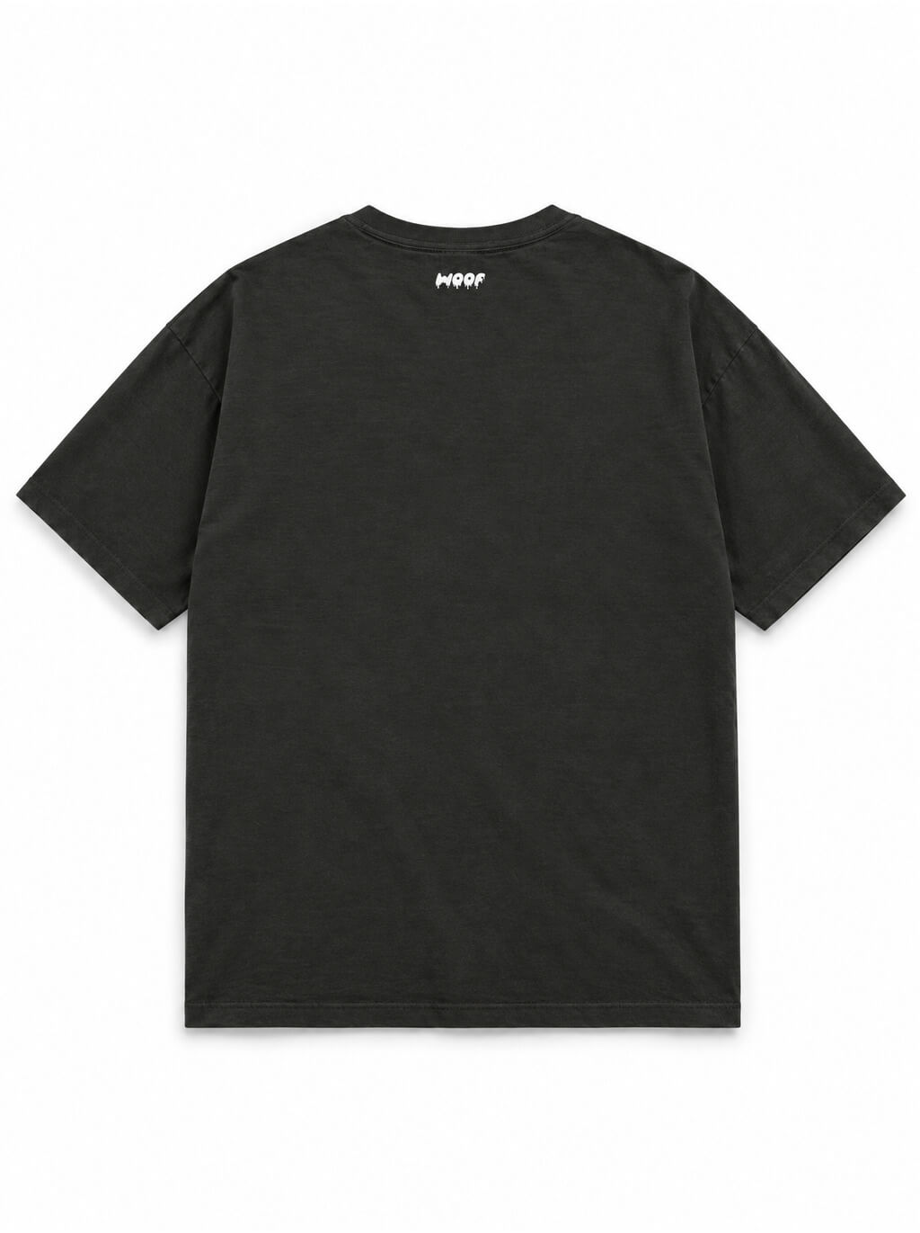 Back of the Dachshund Halloween oversized T-shirt in Washed Black with small WOOF logo below the collar