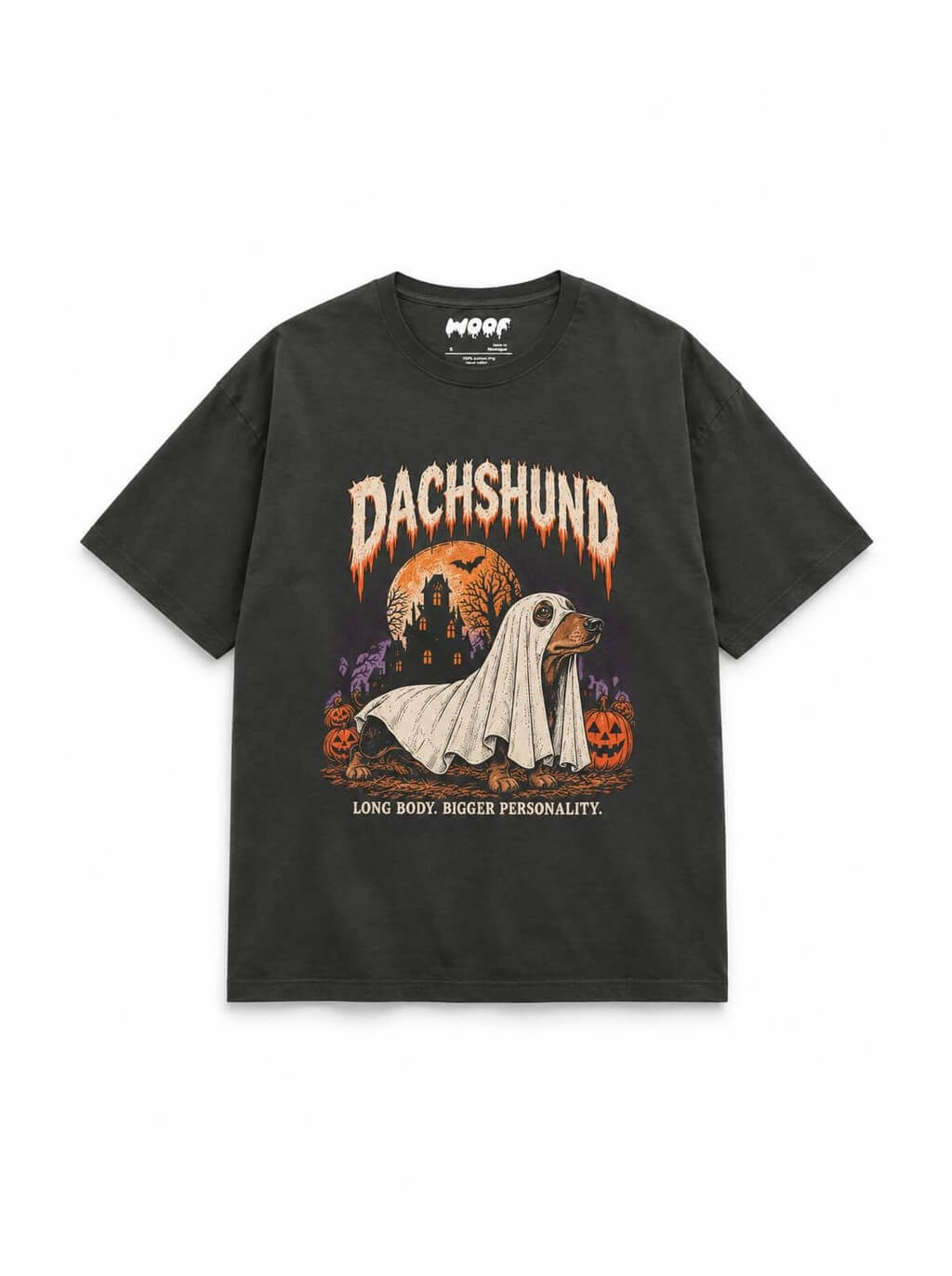 Dachshund Halloween oversized T-shirt in Washed Black featuring a Dachshund ghost with a haunted house, front view