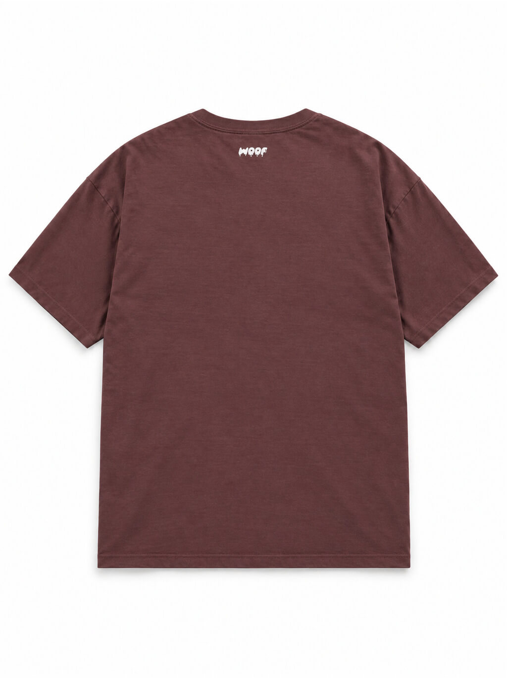 Back of the Dachshund Halloween oversized T-shirt in Washed Maroon with small WOOF logo below the collar