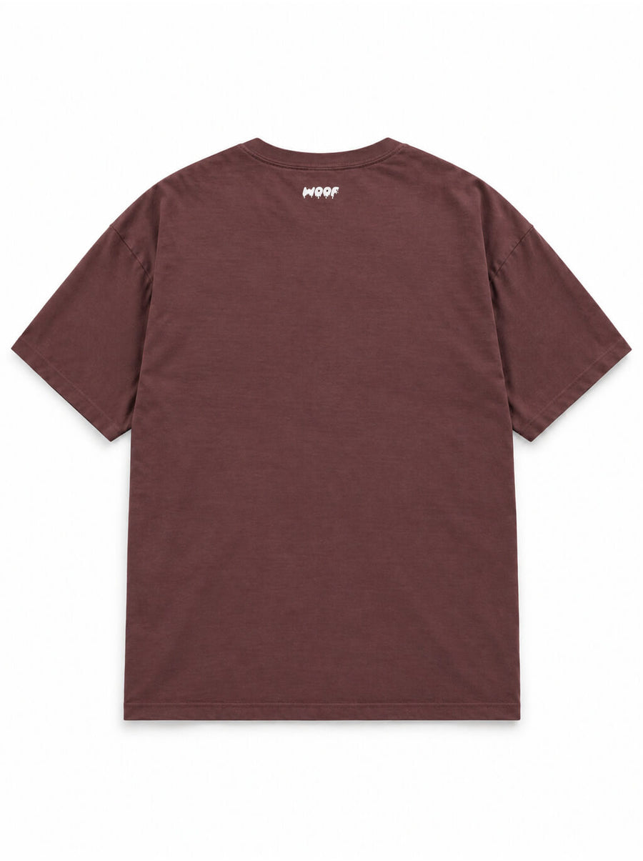 Back of the Dachshund Halloween oversized T-shirt in Washed Maroon with small WOOF logo below the collar