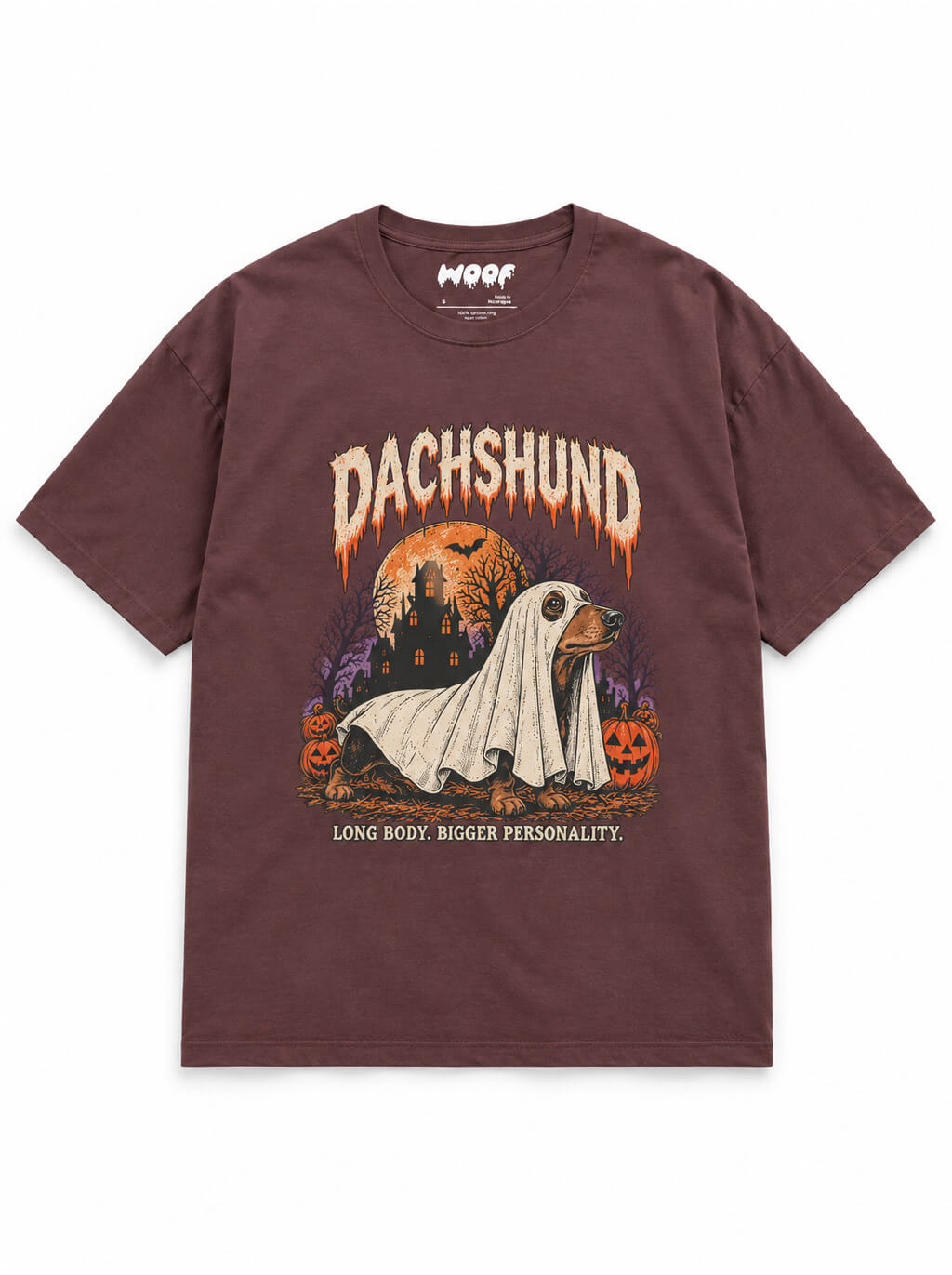 Dachshund Halloween oversized T-shirt in Washed Maroon featuring a Dachshund ghost with a haunted house, front view