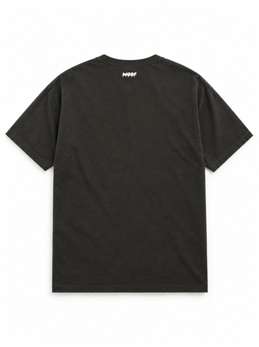 Back of the Frankenstein Great Dane oversized Halloween T-shirt in Washed Black with small WOOF logo below the collar