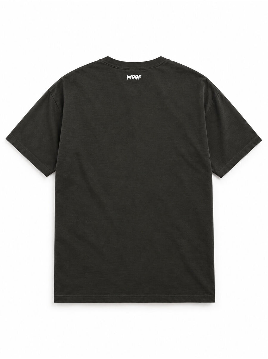 Back of the Frankenstein Great Dane oversized Halloween T-shirt in Washed Black with small WOOF logo below the collar
