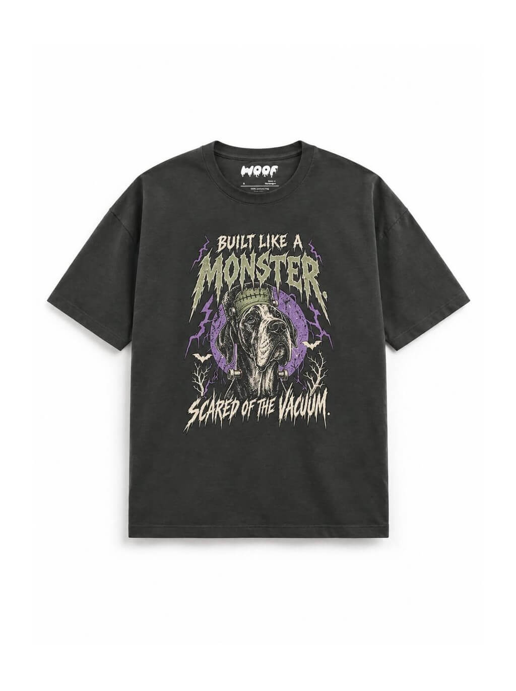 Frankenstein Great Dane oversized Halloween T-shirt in Washed Black featuring a Frankenstein Great Dane, front view