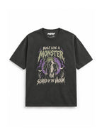 Frankenstein Great Dane oversized Halloween T-shirt in Washed Black featuring a Frankenstein Great Dane, front view