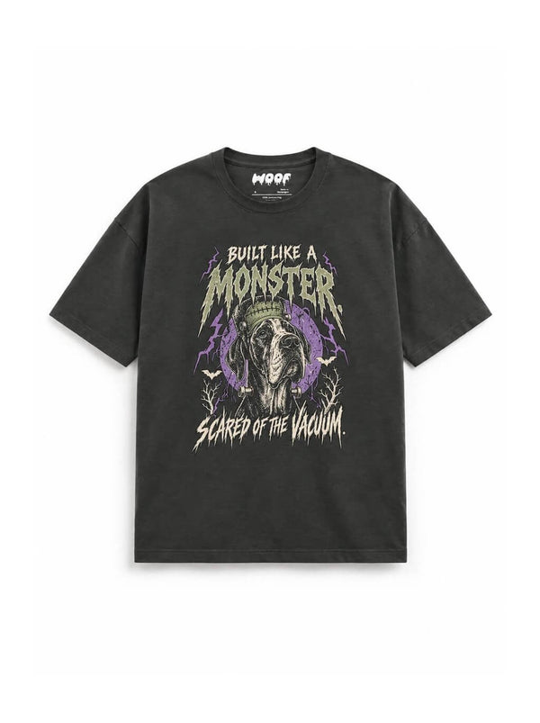 Frankenstein Great Dane oversized Halloween T-shirt in Washed Black featuring a Frankenstein Great Dane, front view