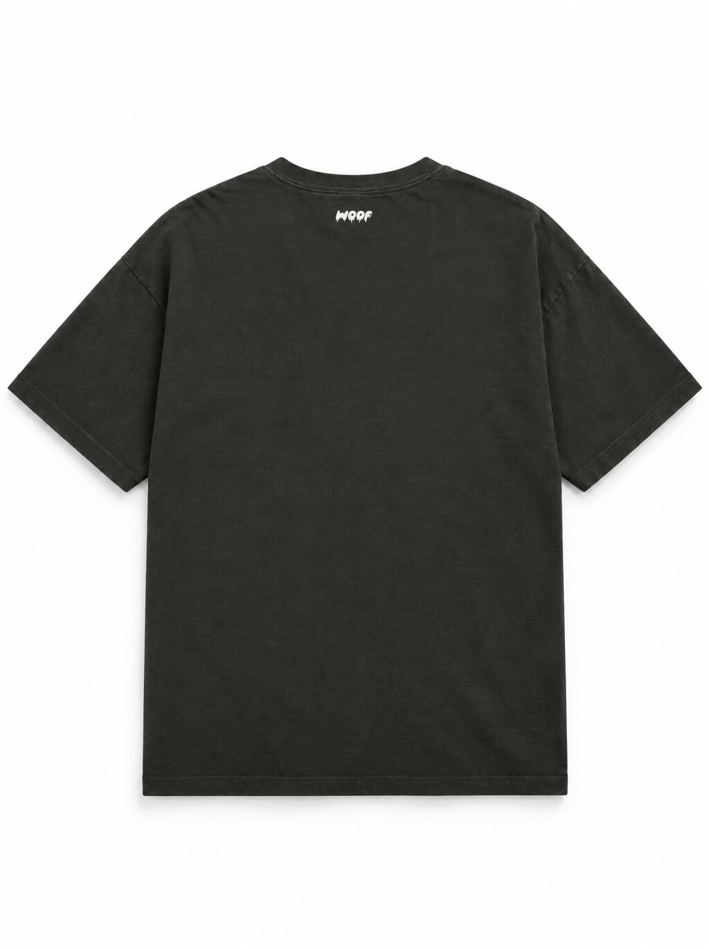 Back of the Frenchie Halloween oversized T-shirt in Washed Black with small WOOF logo below the collar