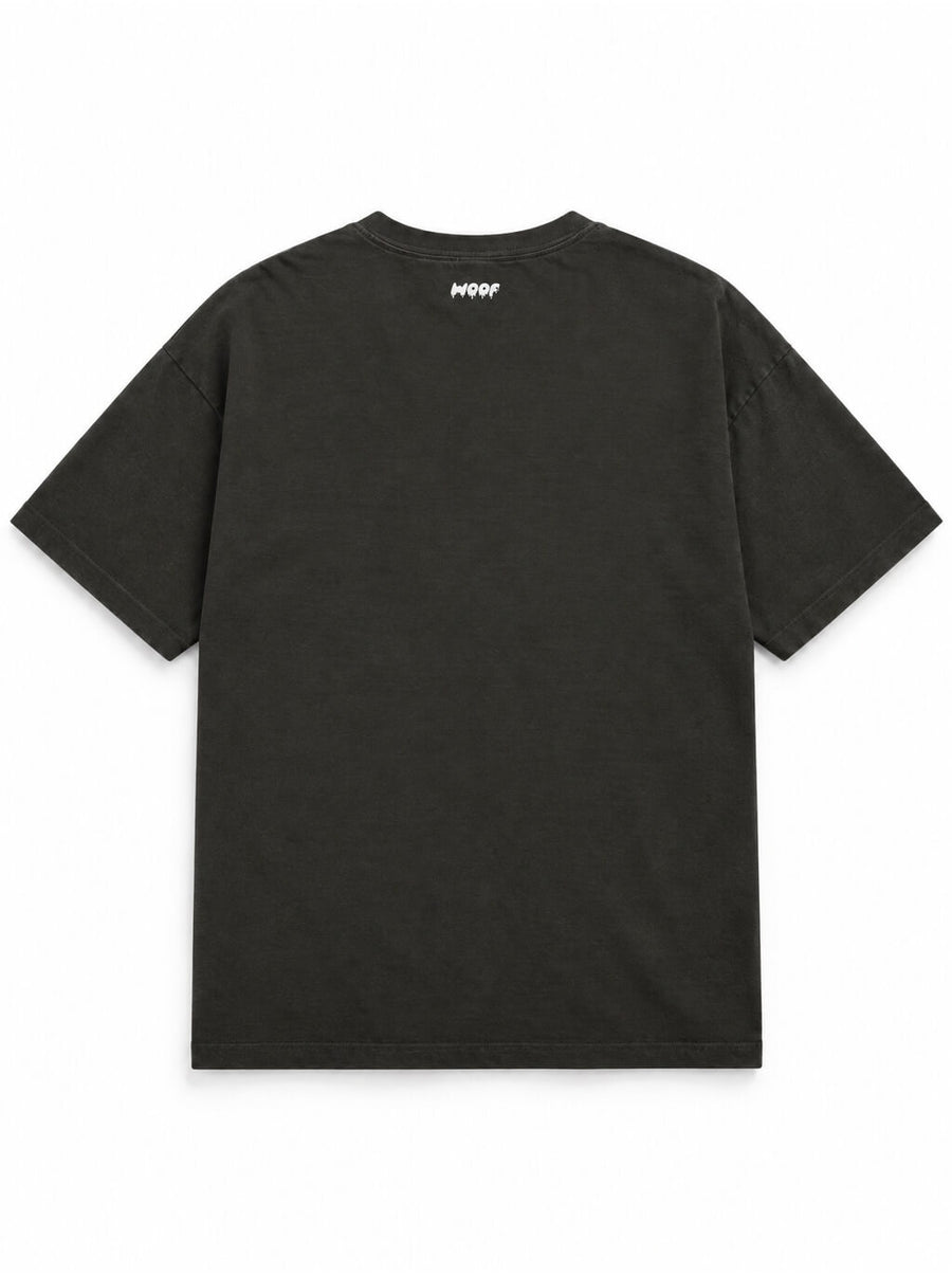 Back of the Frenchie Halloween oversized T-shirt in Washed Black with small WOOF logo below the collar