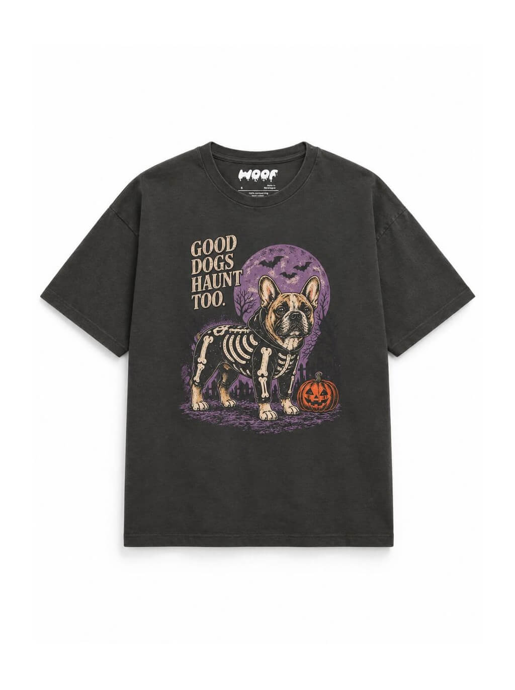 Frenchie Halloween oversized T-shirt in Washed Black featuring a skeleton French Bulldog under a full moon, front view