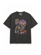 Frenchie Halloween oversized T-shirt in Washed Black featuring a skeleton French Bulldog under a full moon, front view