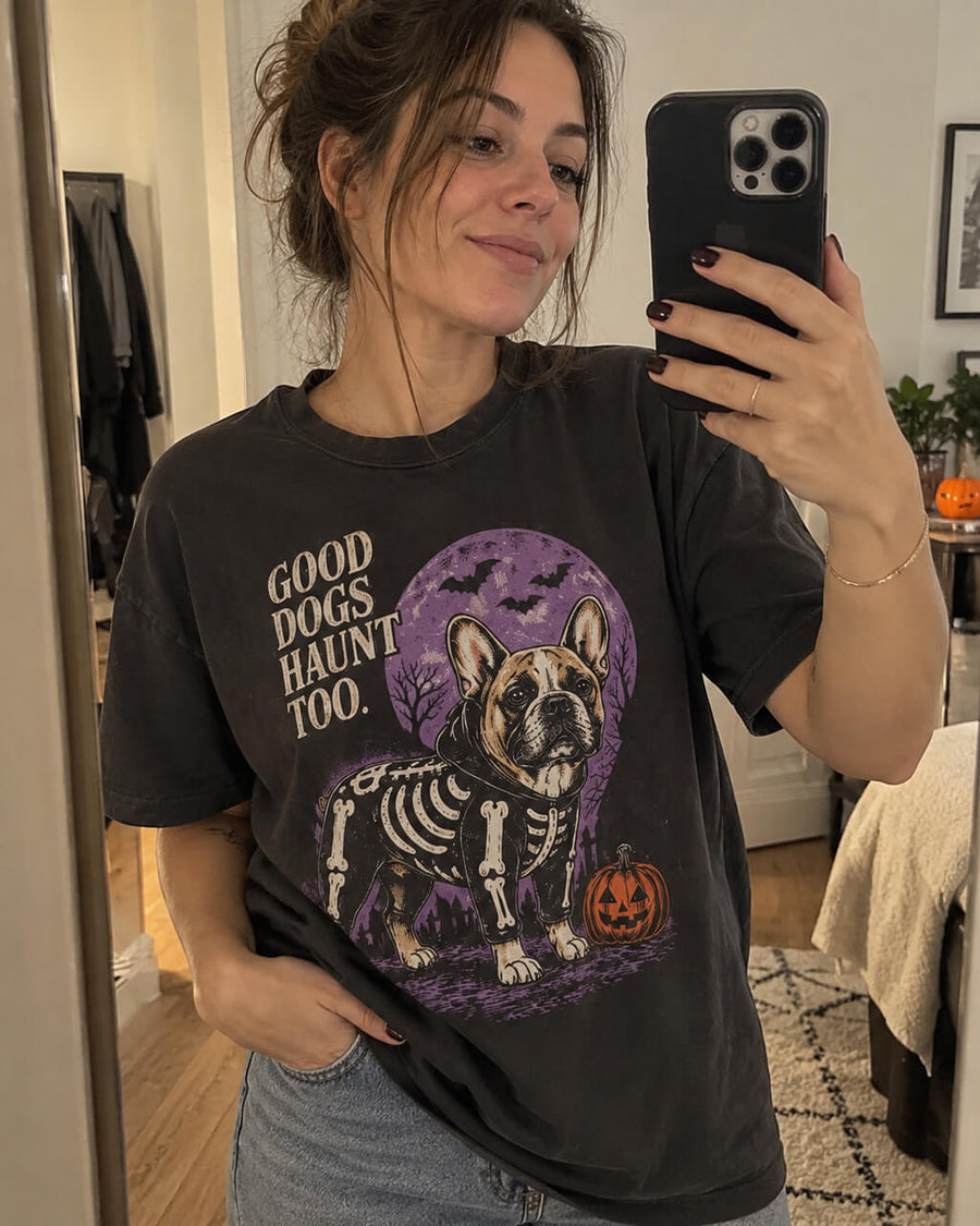Frenchie Halloween oversized T-shirt in Washed Black worn by a woman taking a mirror selfie