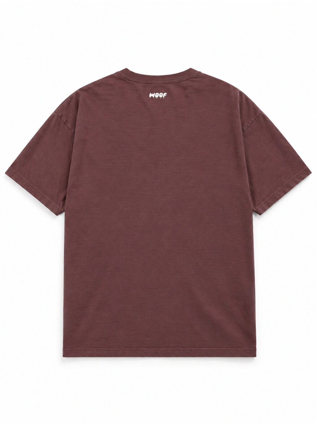 Back of the Frenchie Halloween oversized T-shirt in Washed Maroon with small WOOF logo below the collar