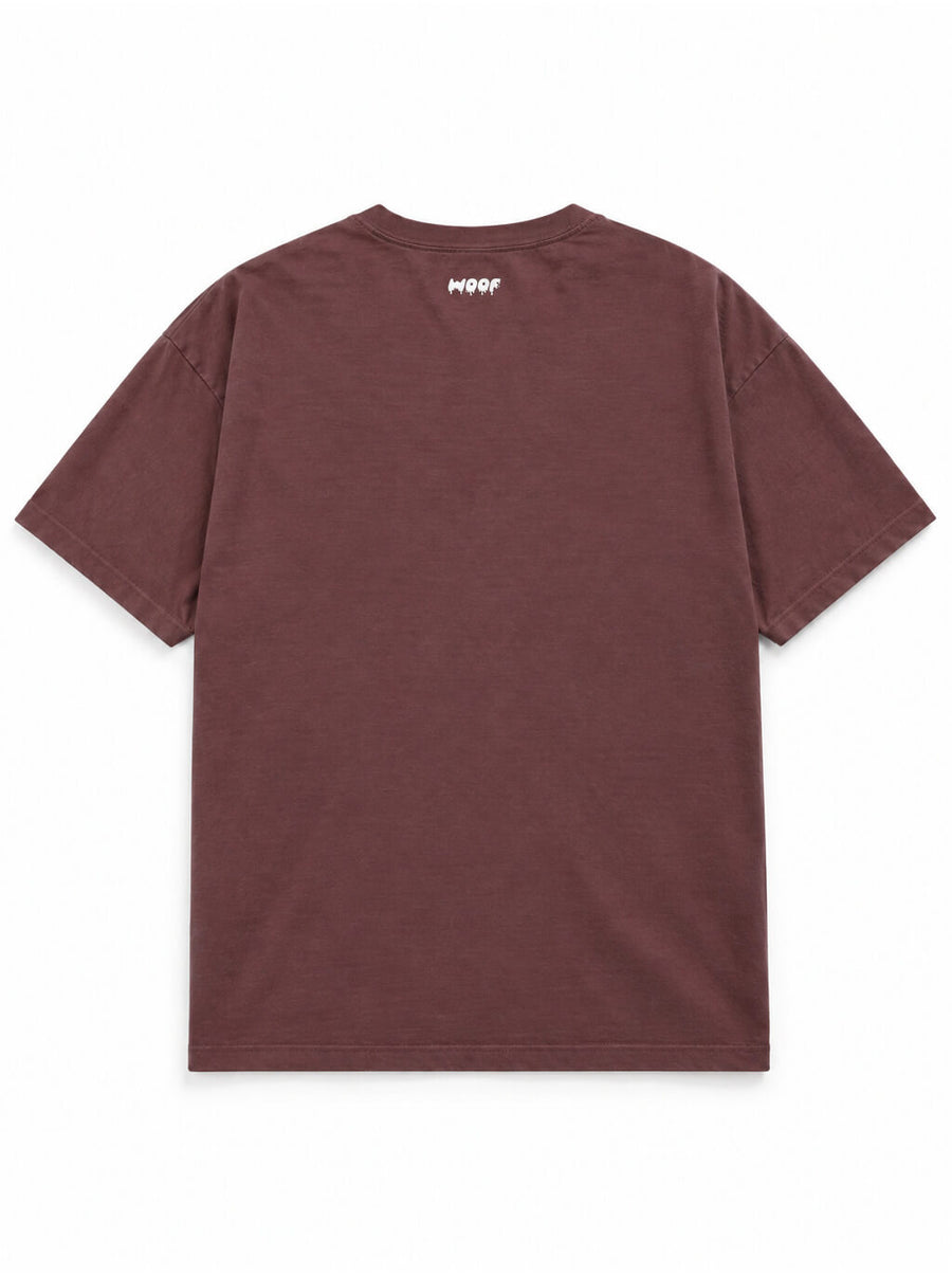 Back of the Frenchie Halloween oversized T-shirt in Washed Maroon with small WOOF logo below the collar