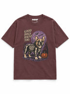 Frenchie Halloween oversized T-shirt in Washed Maroon featuring a skeleton French Bulldog under a full moon, front view