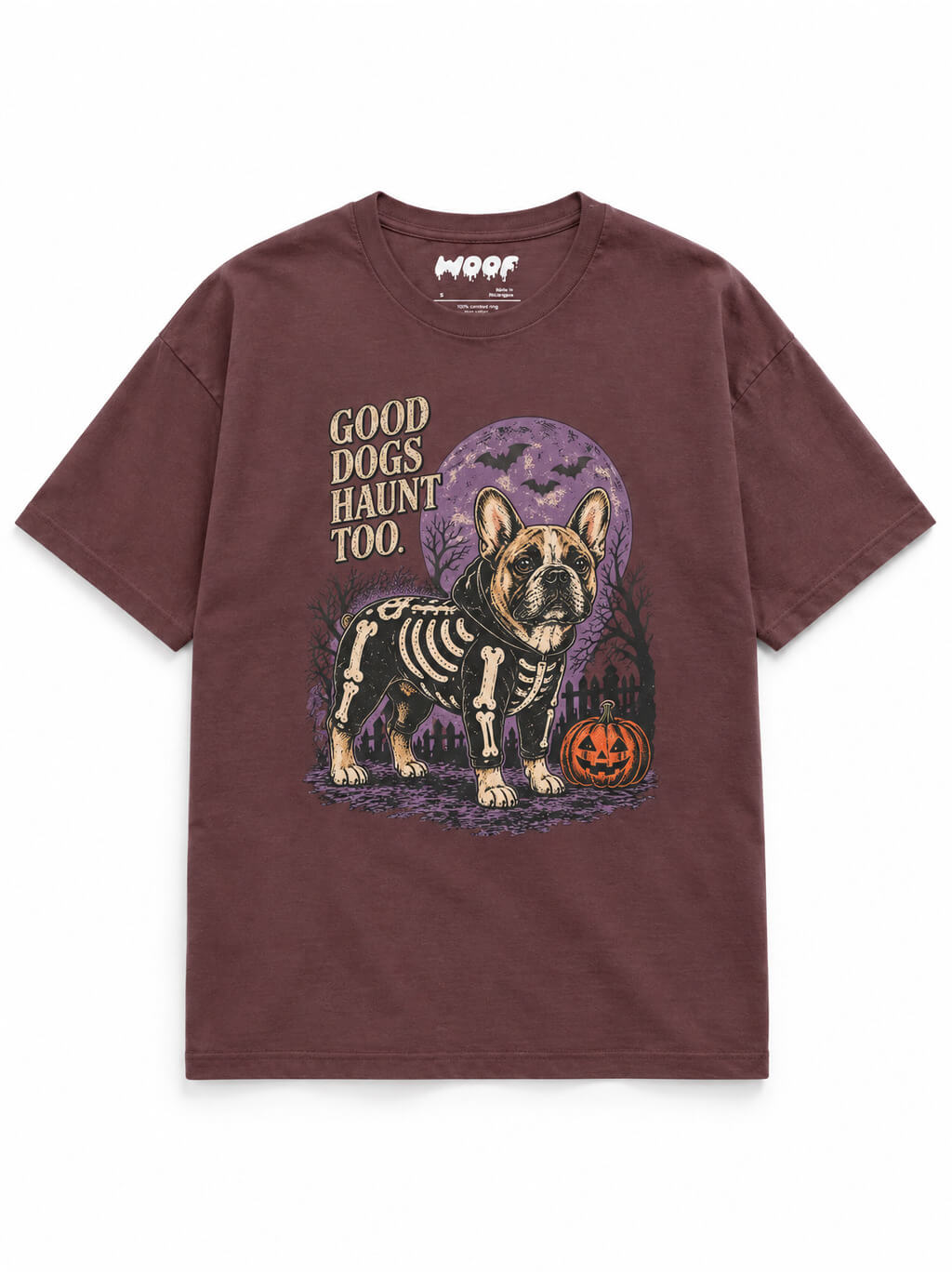 Frenchie Halloween oversized T-shirt in Washed Maroon featuring a skeleton French Bulldog under a full moon, front view