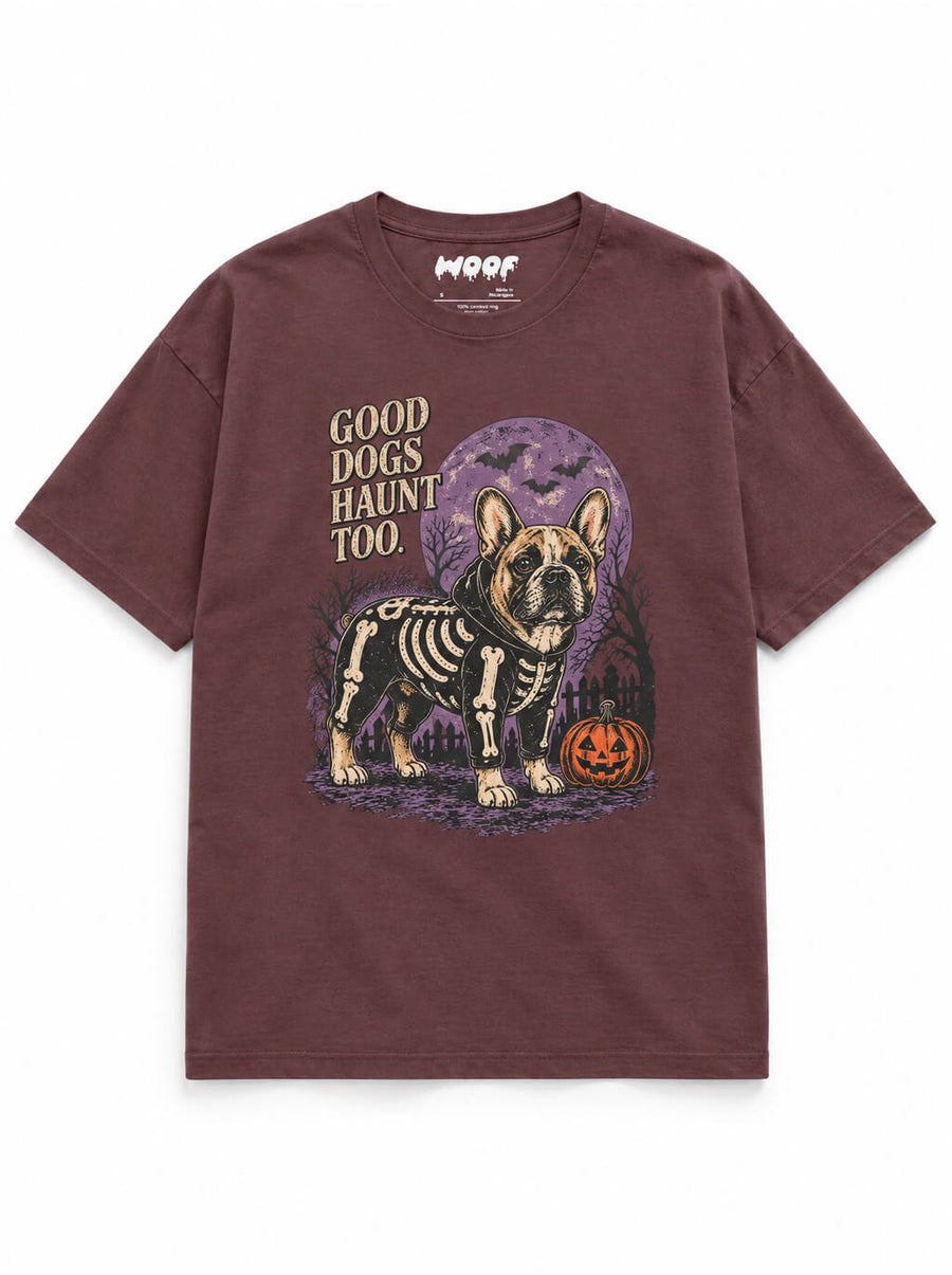Frenchie Halloween oversized T-shirt in Washed Maroon featuring a skeleton French Bulldog under a full moon, front view