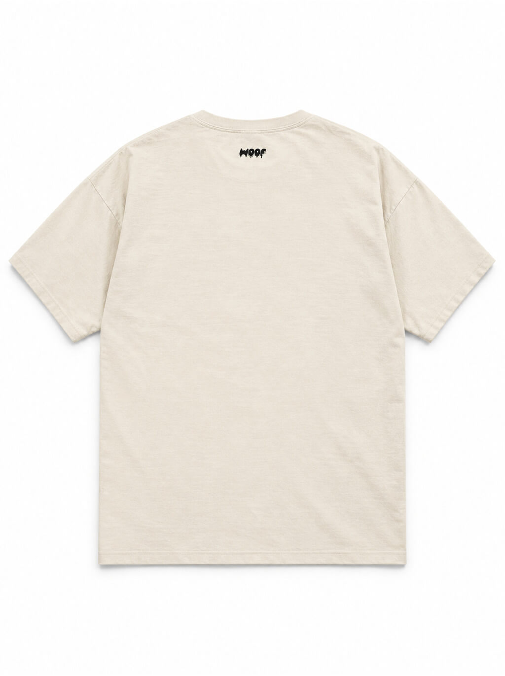 Back of the Ghost Corgi oversized Halloween T-shirt in Vintage White with small WOOF logo below the collar
