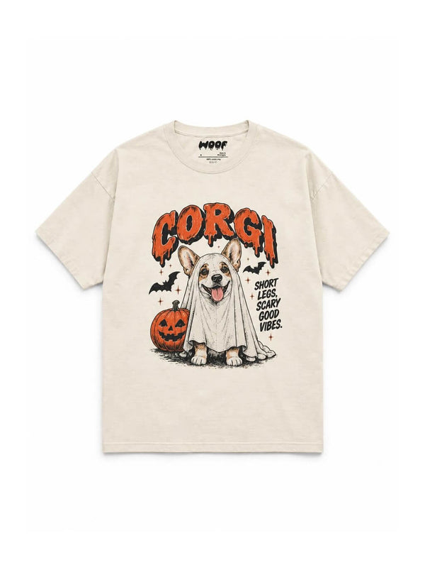 Ghost Corgi oversized Halloween T-shirt in Vintage White featuring a Corgi in a ghost sheet, front view