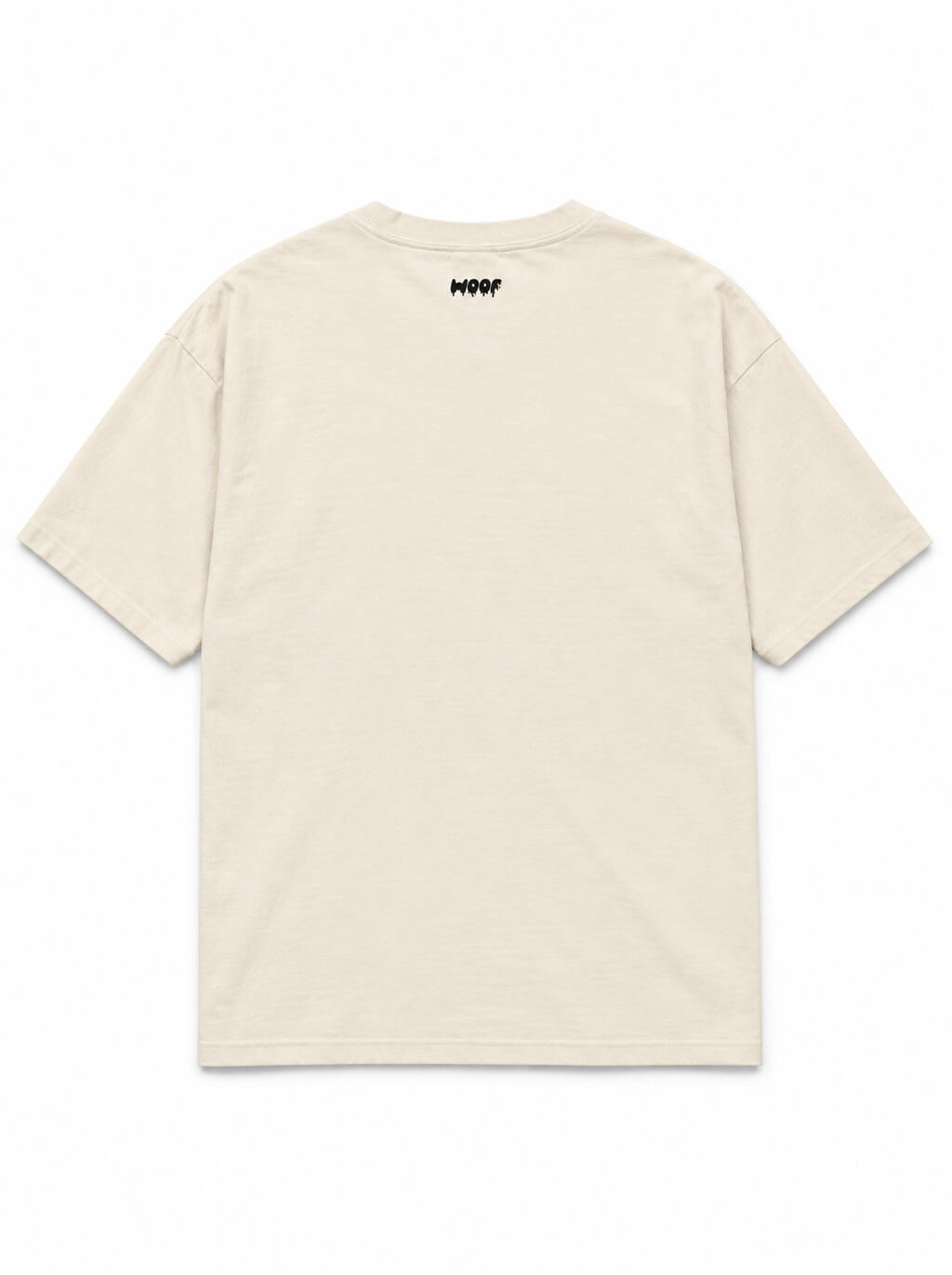 Back of the Ghost Mode Great Dane oversized Halloween T-shirt in Vintage White with small WOOF logo below the collar
