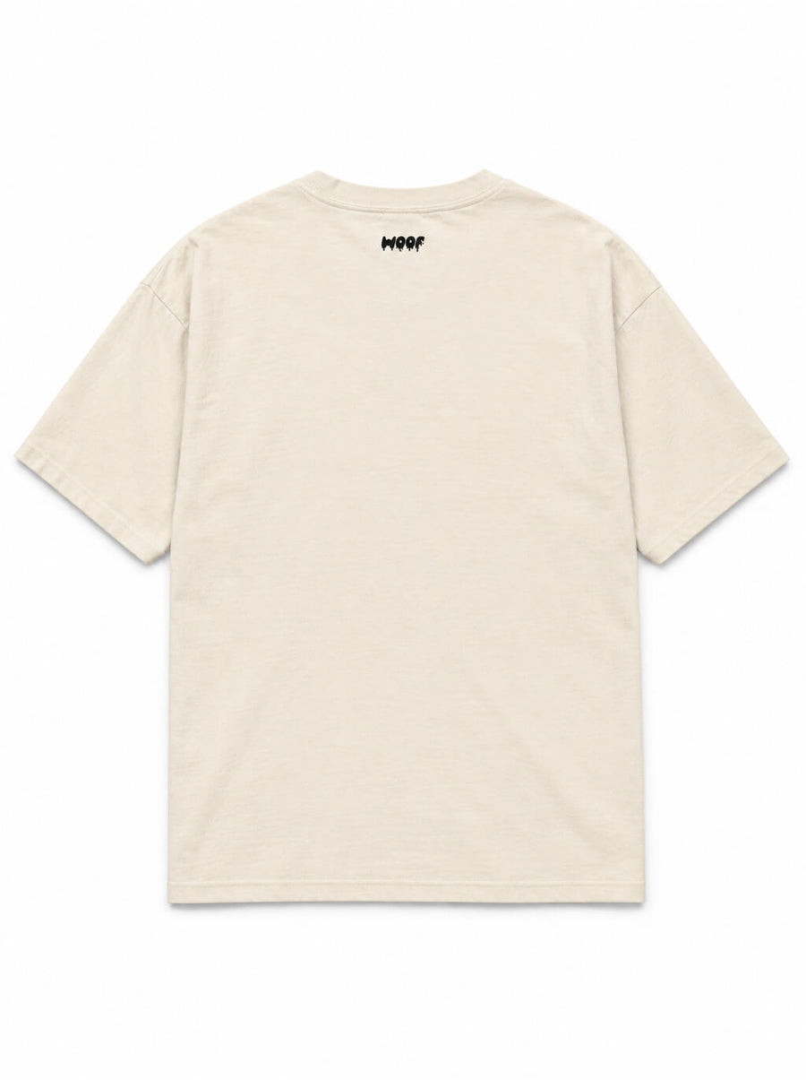 Back of the Ghost Mode Great Dane oversized Halloween T-shirt in Vintage White with small WOOF logo below the collar