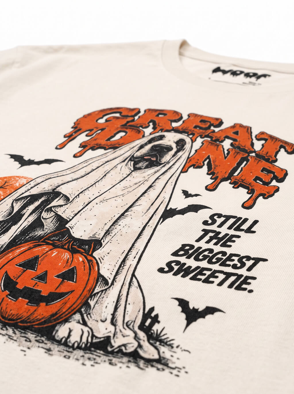 Close-up of the "Great Dane – Still the Biggest Sweetie" print with a Great Dane ghost with a jack-o'-lantern on the Vintage White tee