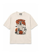 Ghost Mode Great Dane oversized Halloween T-shirt in Vintage White featuring a Great Dane ghost with a jack-o'-lantern, front view