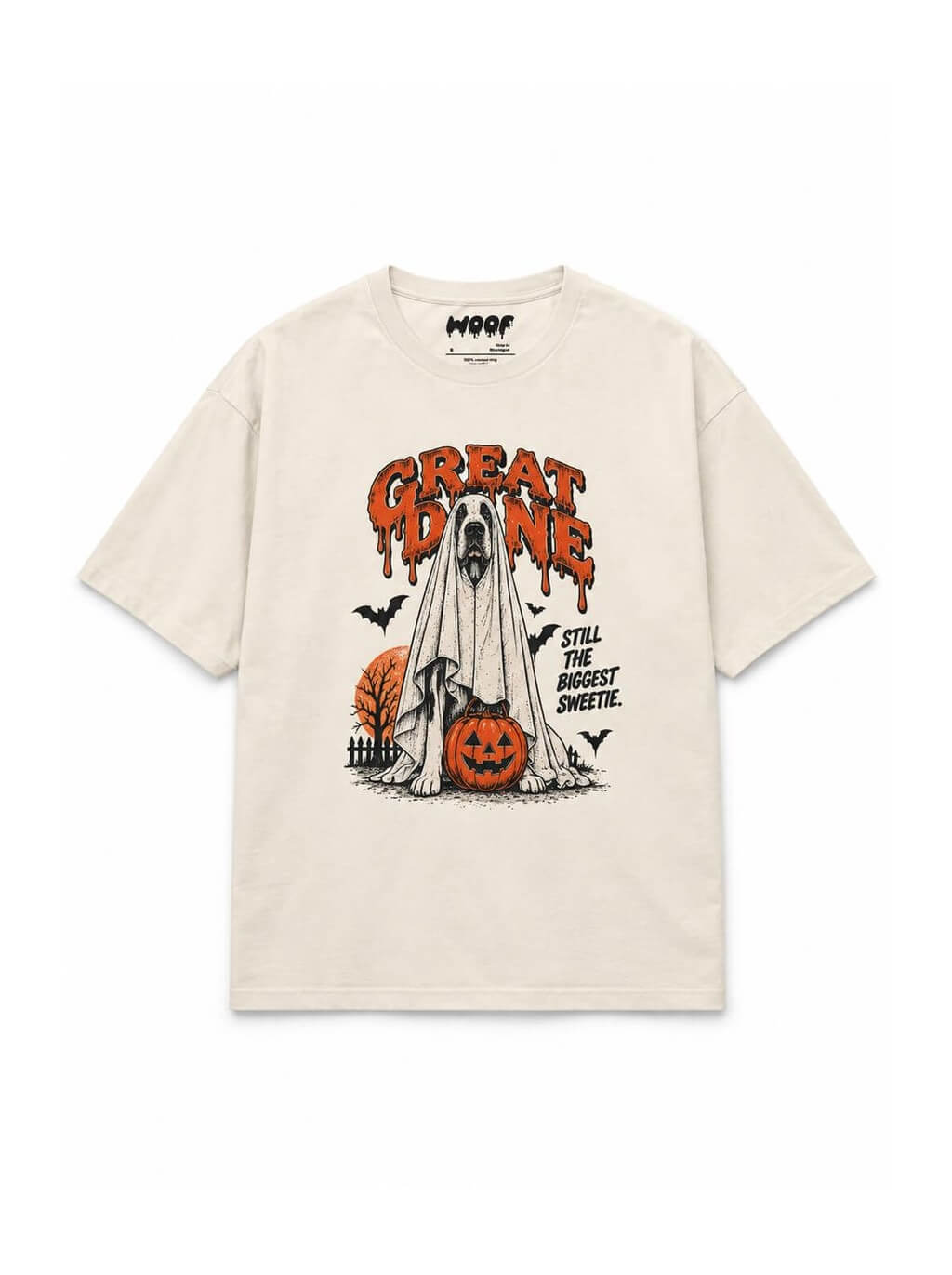 Ghost Mode Great Dane oversized Halloween T-shirt in Vintage White featuring a Great Dane ghost with a jack-o'-lantern, front view