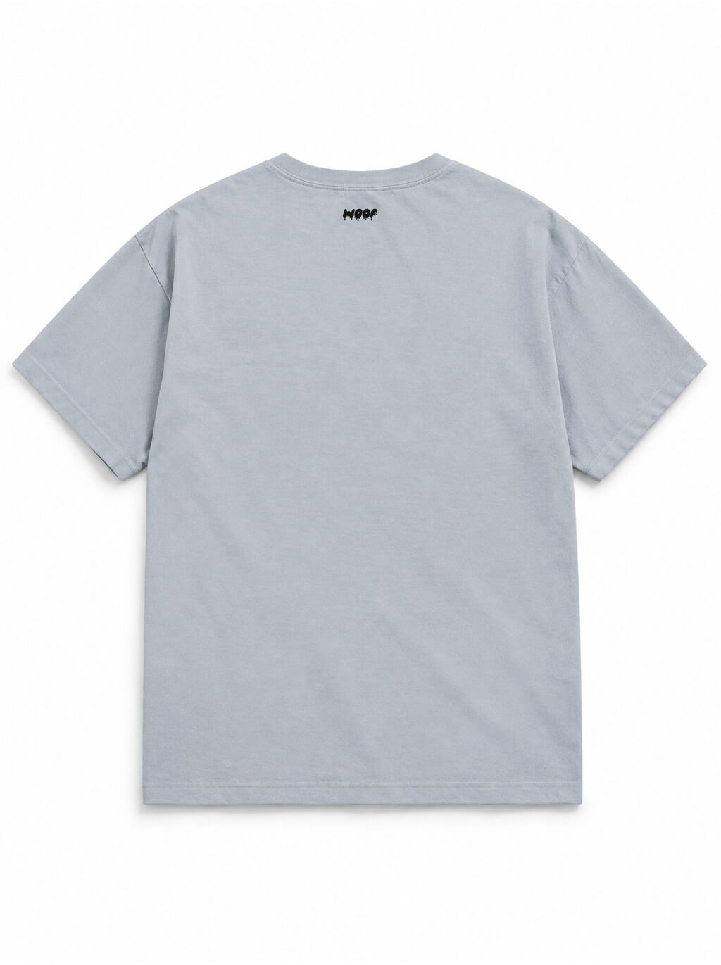 Back of the Golden Retriever Halloween oversized T-shirt in Light Washed Denim with small WOOF logo below the collar
