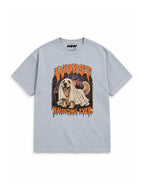 Golden Retriever Halloween oversized T-shirt in Light Washed Denim featuring a Golden Retriever in a ghost sheet, front view
