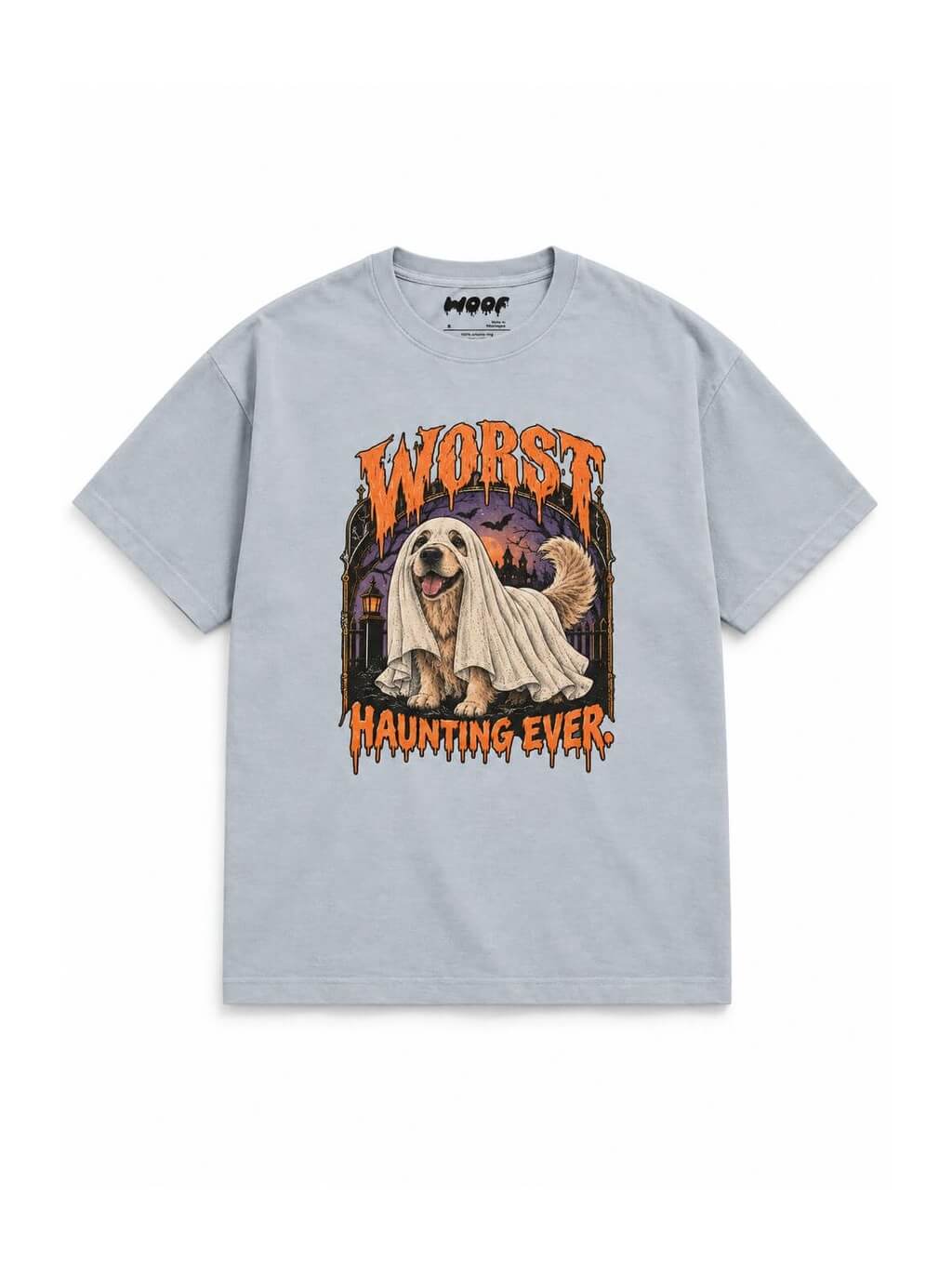 Golden Retriever Halloween oversized T-shirt in Light Washed Denim featuring a Golden Retriever in a ghost sheet, front view