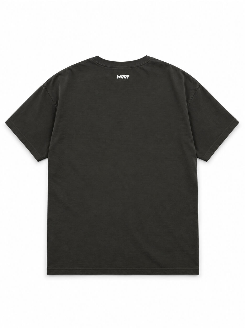 Back of the Golden Retriever Halloween oversized T-shirt in Washed Black with small WOOF logo below the collar