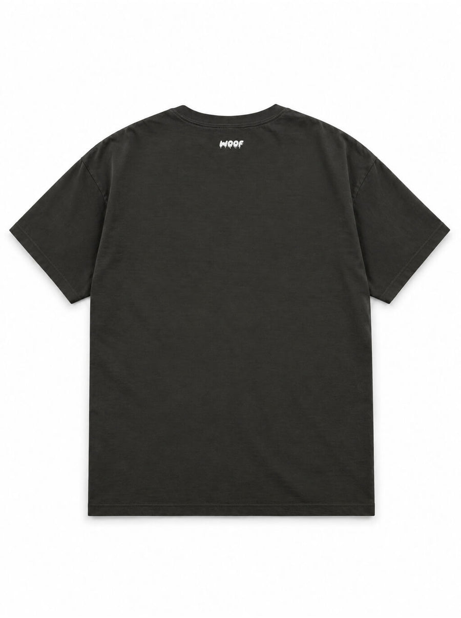 Back of the Golden Retriever Halloween oversized T-shirt in Washed Black with small WOOF logo below the collar
