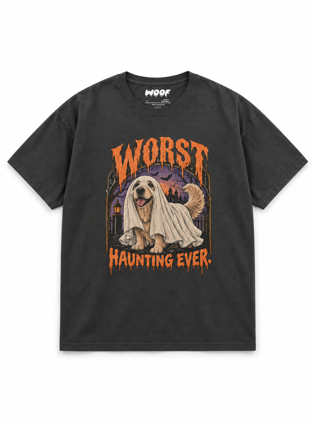 Golden Retriever Halloween oversized T-shirt in Washed Black featuring a Golden Retriever in a ghost sheet, front view