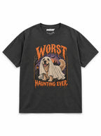 Golden Retriever Halloween oversized T-shirt in Washed Black featuring a Golden Retriever in a ghost sheet, front view