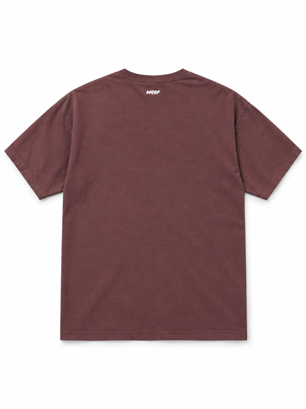 Back of the Golden Retriever Halloween oversized T-shirt in Washed Maroon with small WOOF logo below the collar