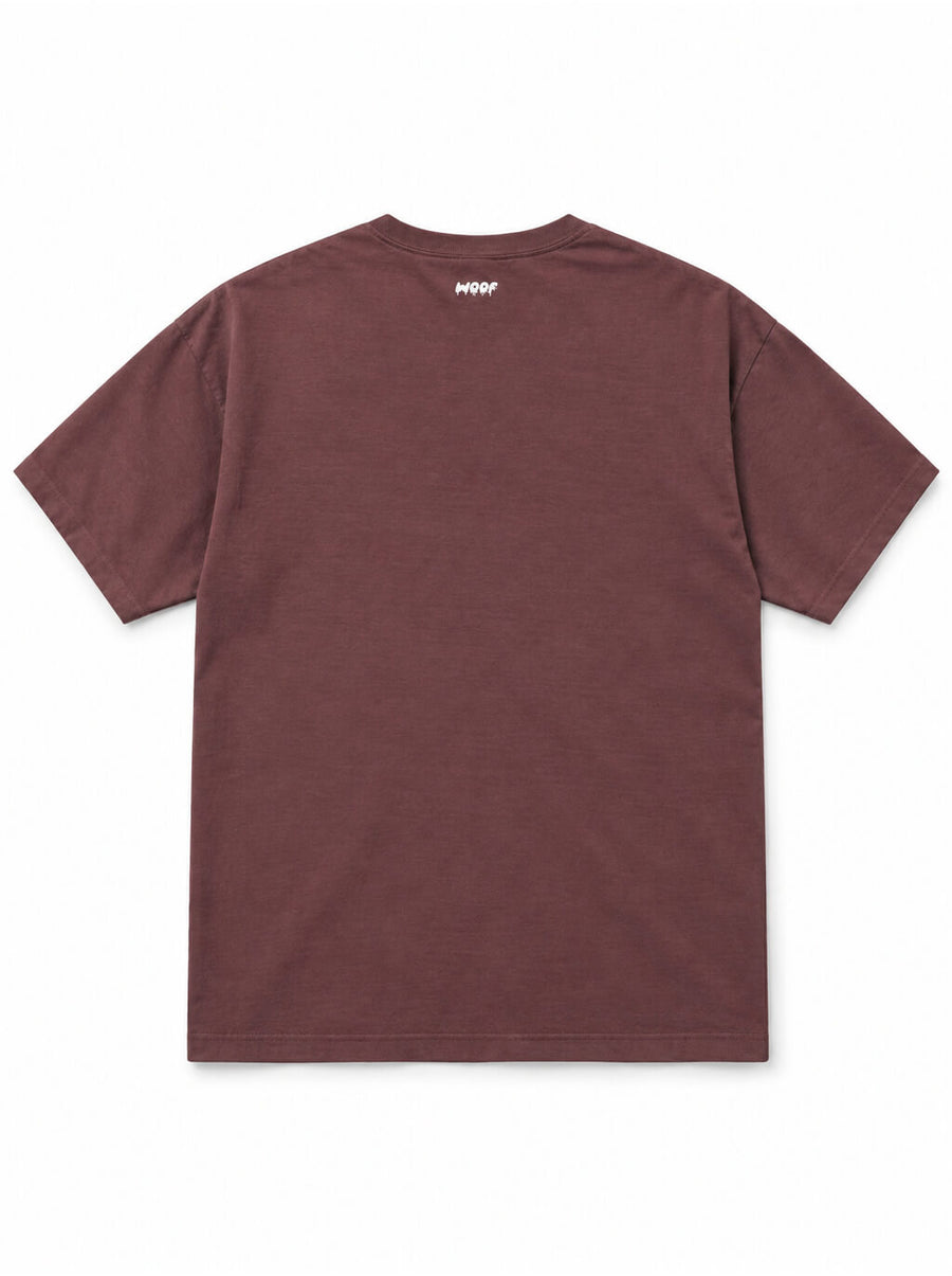 Back of the Golden Retriever Halloween oversized T-shirt in Washed Maroon with small WOOF logo below the collar