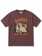 Golden Retriever Halloween oversized T-shirt in Washed Maroon featuring a Golden Retriever in a ghost sheet, front view