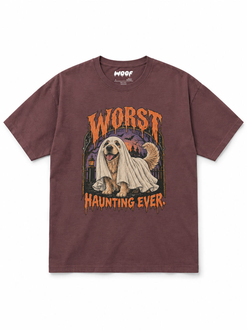 Golden Retriever Halloween oversized T-shirt in Washed Maroon featuring a Golden Retriever in a ghost sheet, front view