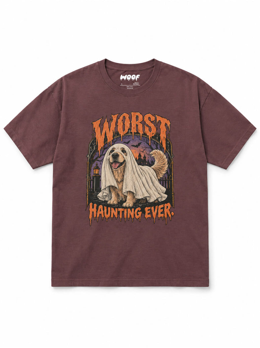 Golden Retriever Halloween oversized T-shirt in Washed Maroon featuring a Golden Retriever in a ghost sheet, front view
