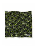 Green Pumpkin dog bandana in black with a neon green jack-o-lantern pattern, laid out flat