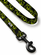Close-up of the Green Pumpkin leash handle with neon green jack-o-lanterns and matte black snap hook