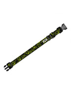 Green Pumpkin dog collar in black with neon green jack-o-lantern print and quick-release buckle