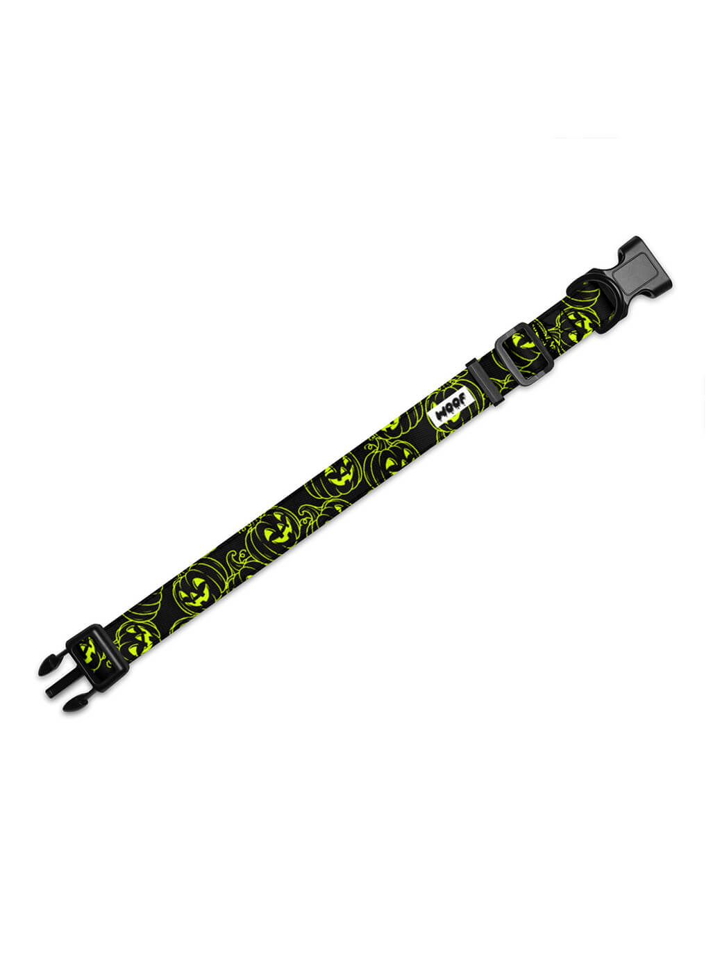 Green Pumpkin dog collar in black with neon green jack-o-lantern print and quick-release buckle