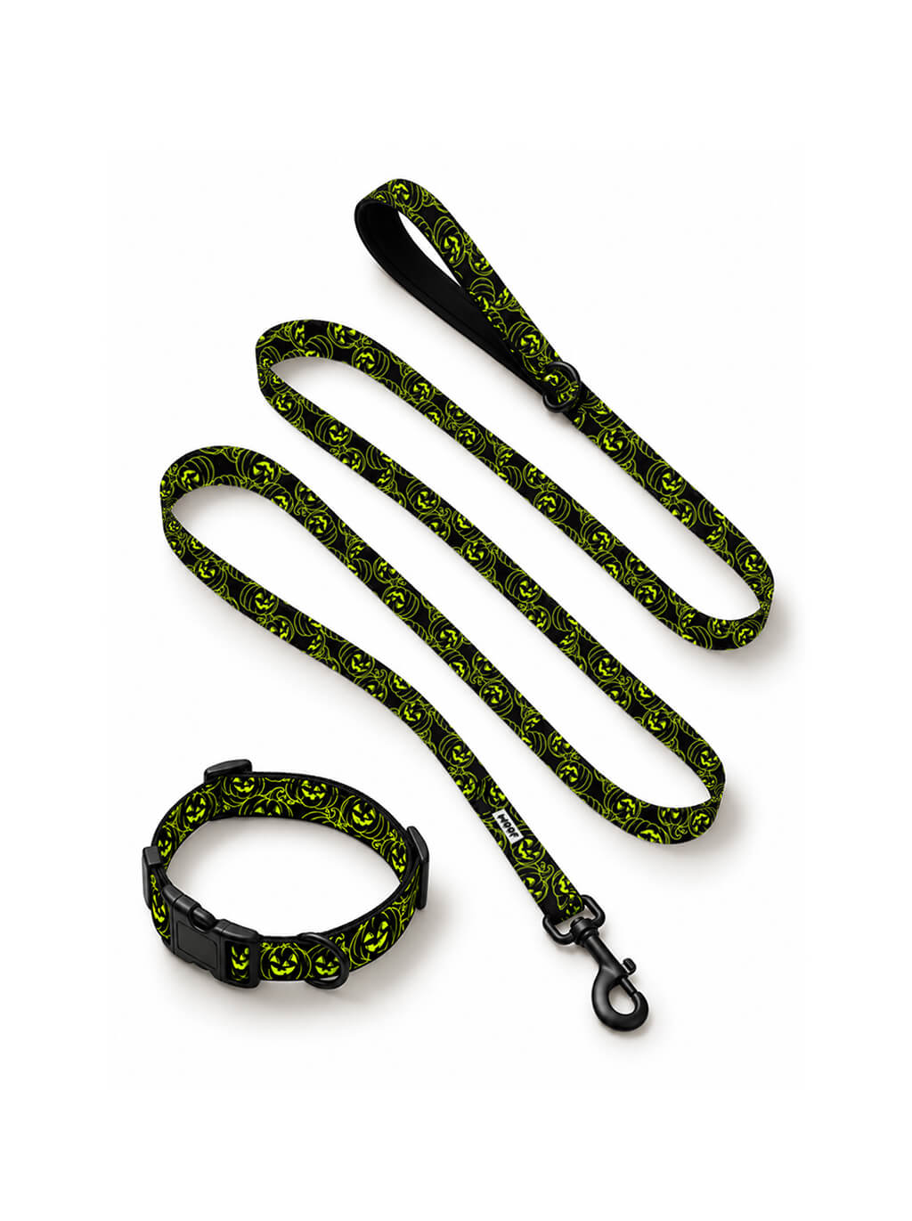Green Pumpkin dog collar and leash set in black with a neon green jack-o-lantern print, laid out flat